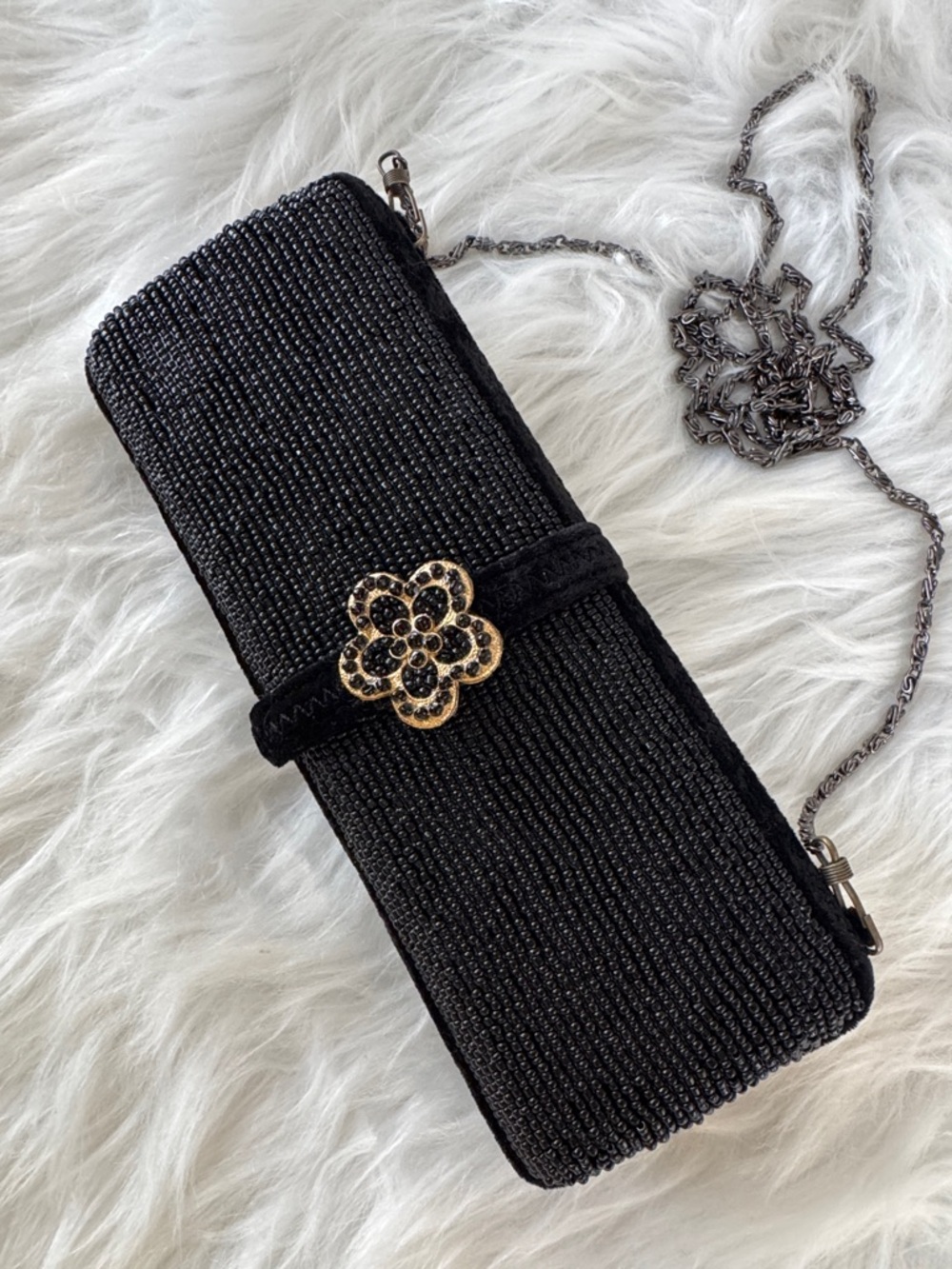 Mary Frances Black Beaded Evening Clutch with Red Gem Flower Accents - Picture 2 of 15